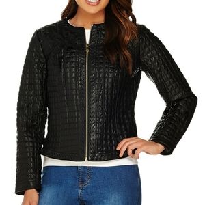 C Wonder Leather Quilted Whipstitch Jacket Womens 10 Black Round Neck Full Zip
